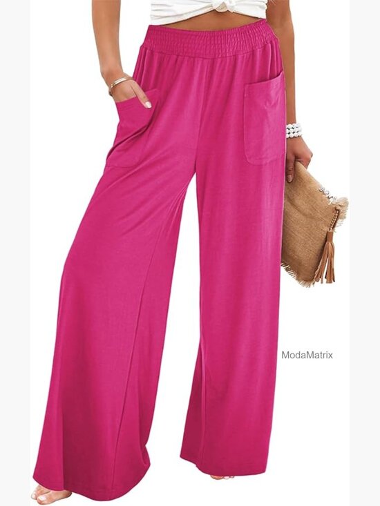 Pants - Wide Leg Palazzo Pants High Waisted Smocked Elastic Waist Bell Bottom Baggy